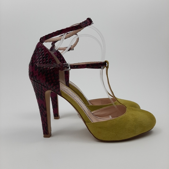 Allen Schwartz Citron Raspberry Deco Suede and Snakeskin Heels Size 9.5 - Picture 6 of 16